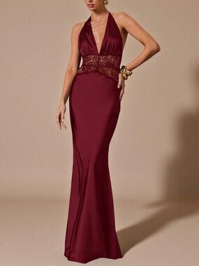 Elegant Burgundy Mesh Lace Inset Satin Halter Gown